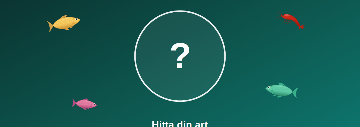Frågetecken omgivet av fiskar och en räka